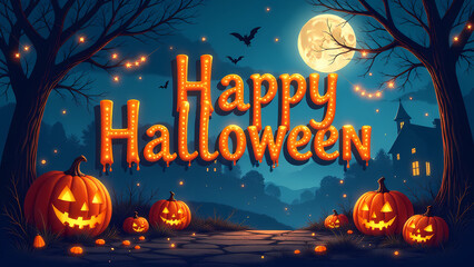 Fototapeta premium Halloween night scene with pumpkins and full moon