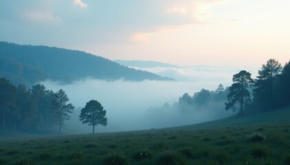 Cloudy landscape with white fog and dark trees, tranquility, landscape, sky