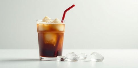 Coffee in glass with straw and ice cubes on white surface, isolation, glass, ice