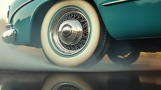 Classic turquoise car tire creating smoke on a road with reflections and a sunset backdrop