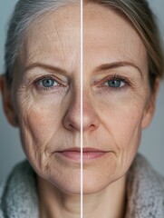 A split-face portrait of a woman showing aging effects on one side and flawless skin on the other. A striking before and after beauty transformation concept.