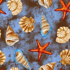 Seashells in watercolor style, seamless pattern on a blue-brown background