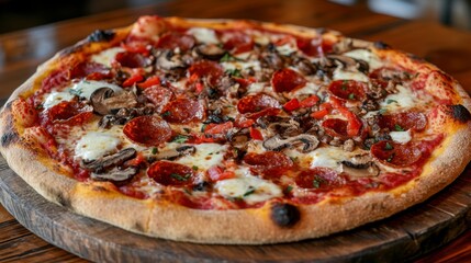 A classic Italian pizza with pepperoni, mushrooms, and bell peppers, topped with melted mozzarella and tomato sauce, set on a rustic wooden board
