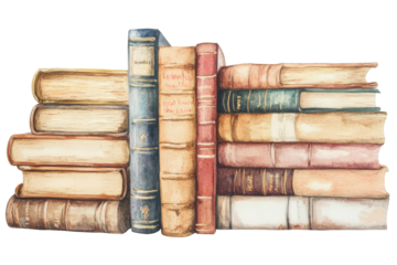 Vintage book stack cozy library png transparent background artistic illustration warm lighting literary concept