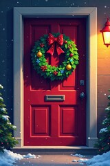 Fototapeta premium Colorful pixel art Christmas wreath on a door, Christmas wreath, door