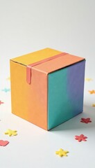 Obraz premium Colorful Styrofoam box on a white background with scattered paper shapes, white, background, empty