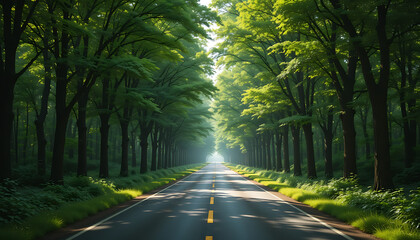Fototapeta premium Serene Road Lined with Dense Green Trees Bathed in Soft Daylight, Creating a Peaceful and Inviting Forest Pathway
