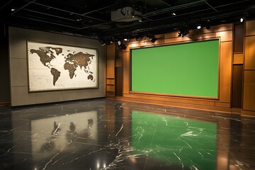 Modern TV Studio Set with Green Screen and World Map
