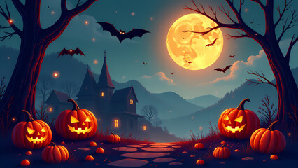Fototapeta premium A Halloween scene with pumpkins and bats