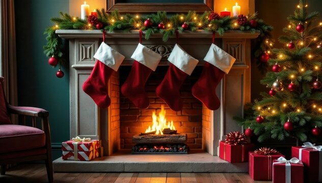 Cozy fireplace with stockings hanging over mantel and garland draped around, tree, presents, seasonal