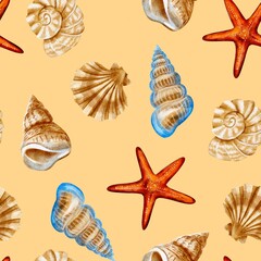 Seashells in watercolor style, seamless pattern on a sandy background 