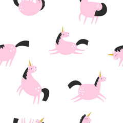 Seamless pattern with cute unicorns in a childish flat style. Perfect for wrapping paper, decorations, prints, gift boxes, etc