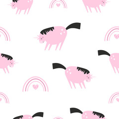 Seamless pattern with cute unicorns in a childish flat style. Perfect for wrapping paper, decorations, prints, gift boxes, etc