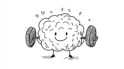 Happy brain in a doodle style lifting weights, symbolizing cognitive strength on a white background.
