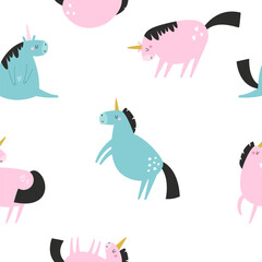 Seamless pattern with cute unicorns in a childish flat style. Perfect for wrapping paper, decorations, prints, gift boxes, etc