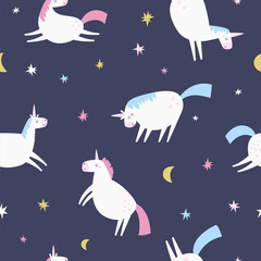 Seamless pattern with cute unicorns in a childish flat style. Perfect for wrapping paper, decorations, prints, gift boxes, etc