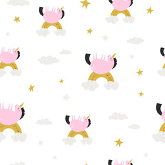 Seamless pattern with cute unicorns in a childish flat style. Perfect for wrapping paper, decorations, prints, gift boxes, etc