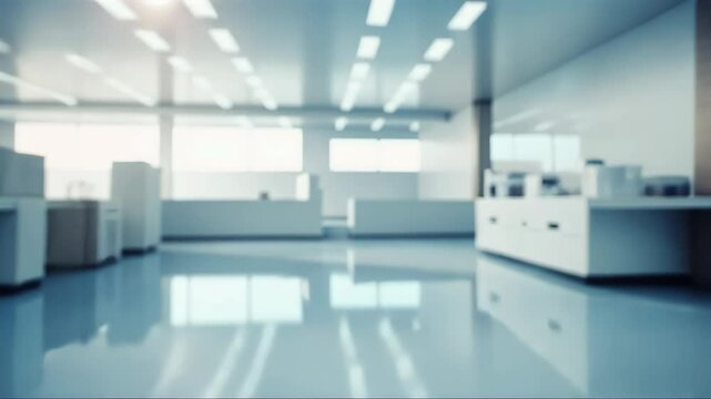 Blurry image of a hospital hallway with a blue floor. The hallway is empty and the lights are on