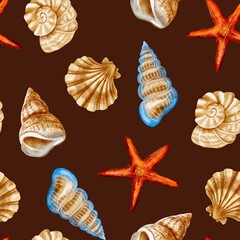 Sea shells in watercolor style, seamless pattern on a dark brown background 