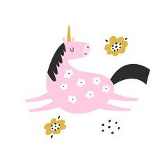 Vector illustration of cute unicorn in a childish flat style. Perfect for frame arts, decorations, prints