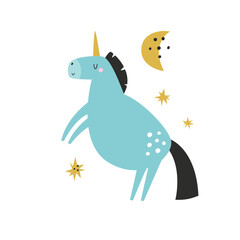 Vector illustration of cute unicorn in a childish flat style. Perfect for frame arts, decorations, prints