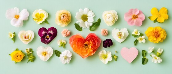Obraz premium Floral Heart Arrangement with Delicate Flowers on a Green Background