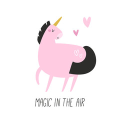 Vector illustration of cute unicorn in a childish flat style. Perfect for frame arts, decorations, prints