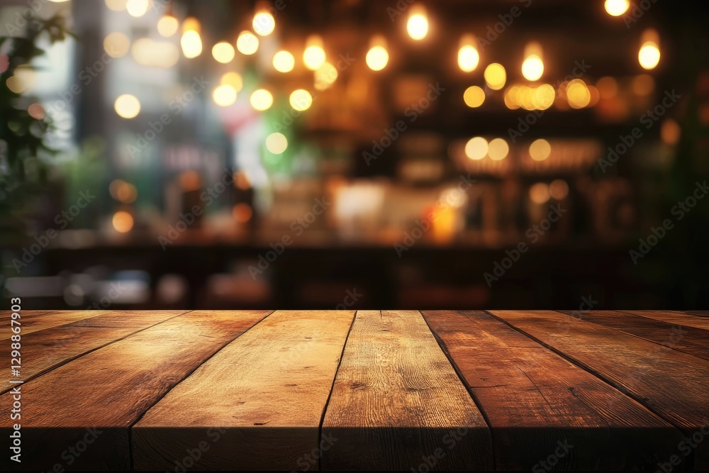 Aufkleber Rustic wooden table with a blurred background of glowing lights in a warm and cozy setting. Ideal for product presentations, marketing, and restaurant promotions