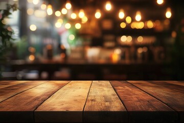 Rustic wooden table with a blurred background of glowing lights in a warm and cozy setting. Ideal for product presentations, marketing, and restaurant promotions