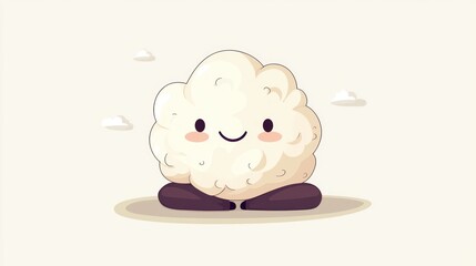 Vector cartoon meditation illustration of a cute calm brain character in lotus yoga pose on a white color background. Flat doodle style design of a smiling, relaxed brain.