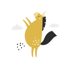 Vector illustration of cute unicorn in a childish flat style. Perfect for frame arts, decorations, prints