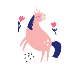 Vector illustration of cute unicorn in a childish flat style. Perfect for frame arts, decorations, prints