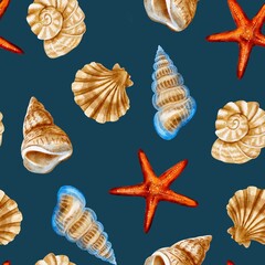 Seashells in watercolor style, seamless pattern on a light blue background 