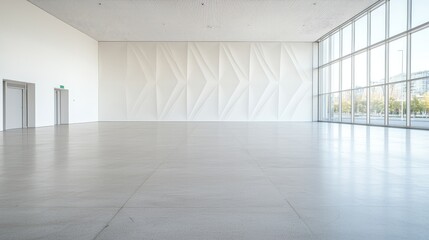 Modern empty hall, large windows, city view, event space