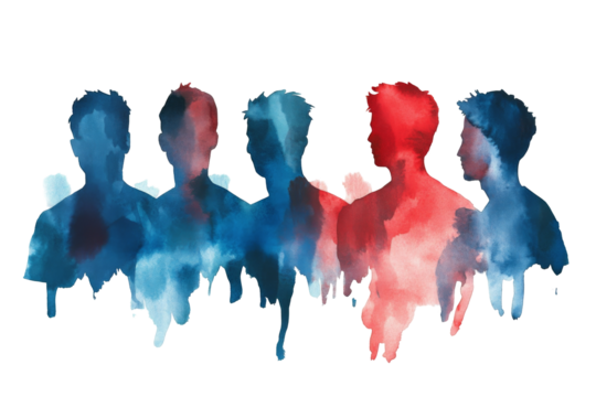 Dynamic watercolor silhouettes of diverse figures abstract png background transparent design artistic composition