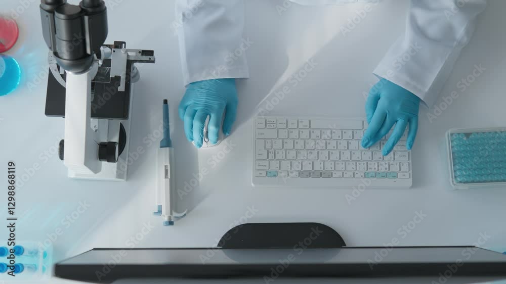 Poster Scientist Analyzing Samples with Microscope in Laboratory Setting