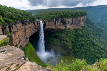 Fototapeta premium A powerful waterfall crashing into a deep canyon, surrounded by lush greenery