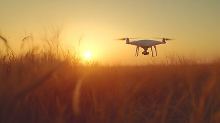 Drone flying over golden wheat field at sunset. Possible use Stock photo for agricultural technology, nature photography, drone imagery