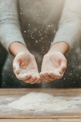 close-up of hands kneading dough on rustic wooden countertop dusted with flour