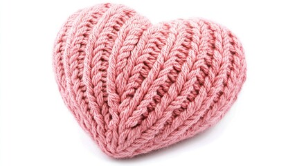 Pink knitted heart, isolated on white background, realistic texture, soft and cozy design