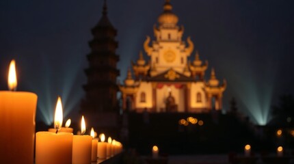 Obraz premium Illuminated Spirituality: A row of candles casting a warm glow against the backdrop of a majestic temple and pagoda under the twilight sky, evoking a sense of peace, reflection.