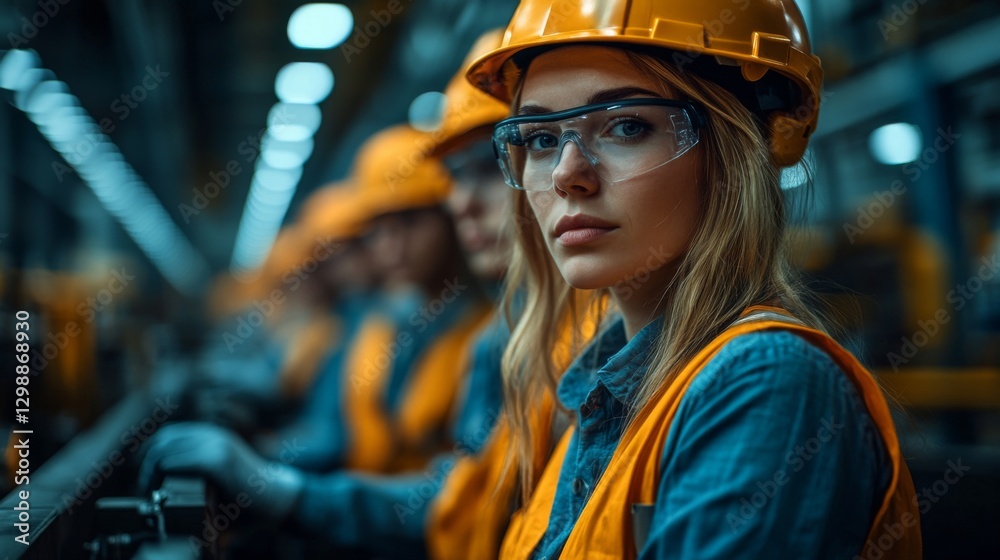 Poster Workers in safety helmets and glasses efficiently manage machinery on the assembly line in a busy manufacturing plant. The environment reflects advanced automation techniques.