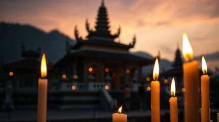Temple of Tranquility: Illuminated candles casting a warm, inviting glow against the backdrop of a serene temple during the enchanting twilight hour. 