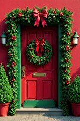 Fototapeta premium Holiday front door adorned with holly and mistletoe in shades of red green and gold, red, front door, green