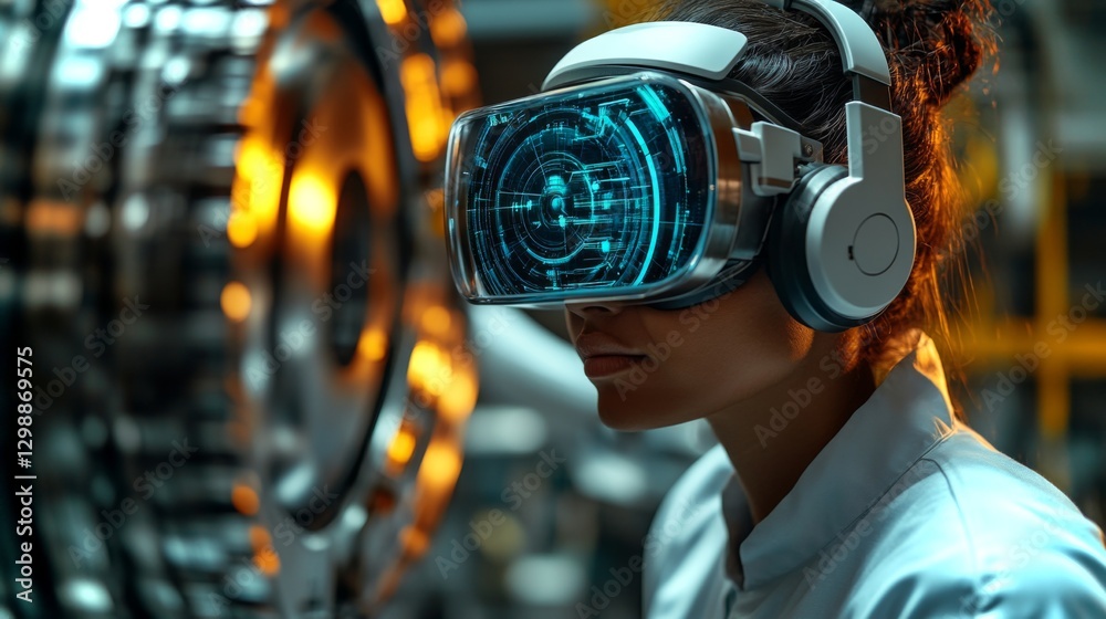 Aufkleber in a modern workshop, a worker with a virtual reality headset and headphones engages with advanced m