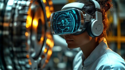 In a modern workshop, a worker with a virtual reality headset and headphones engages with advanced manufacturing equipment, optimizing processes through immersive technology.