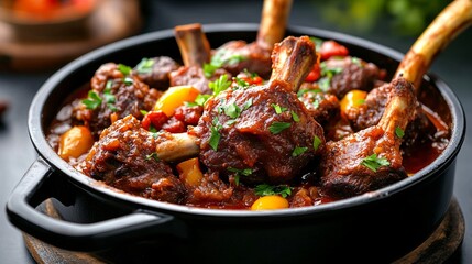 Fototapeta premium Delicious Slow-Cooked Lamb Shanks in Rich Tomato Sauce with Fresh Herbs and Colorful Vegetables