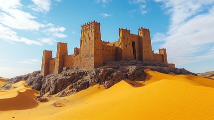An ancient fortress stands majestically in the expansive desert landscape