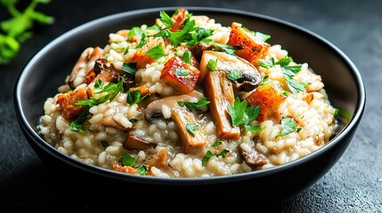 Slow cook rice: Easy cooking. Creamy mushroom risotto topped with herbs and roasted vegetables.