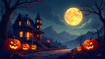 Halloween house with pumpkins and full moon